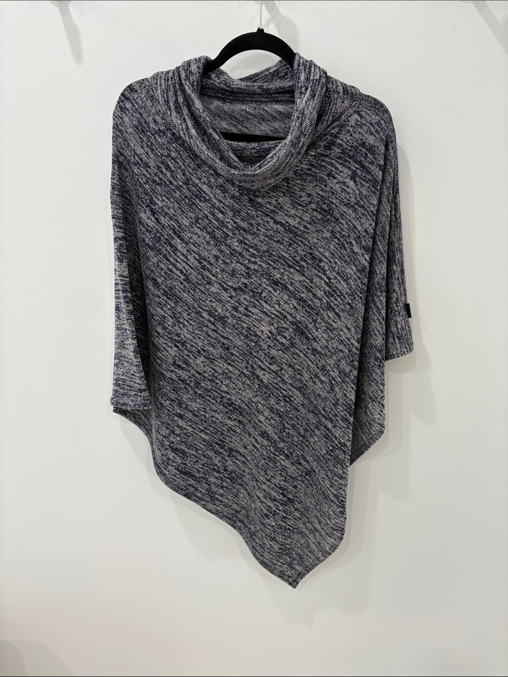 Cozy Heathered Grey/Navy Cowl Neck Poncho Sweater - Women's Layering